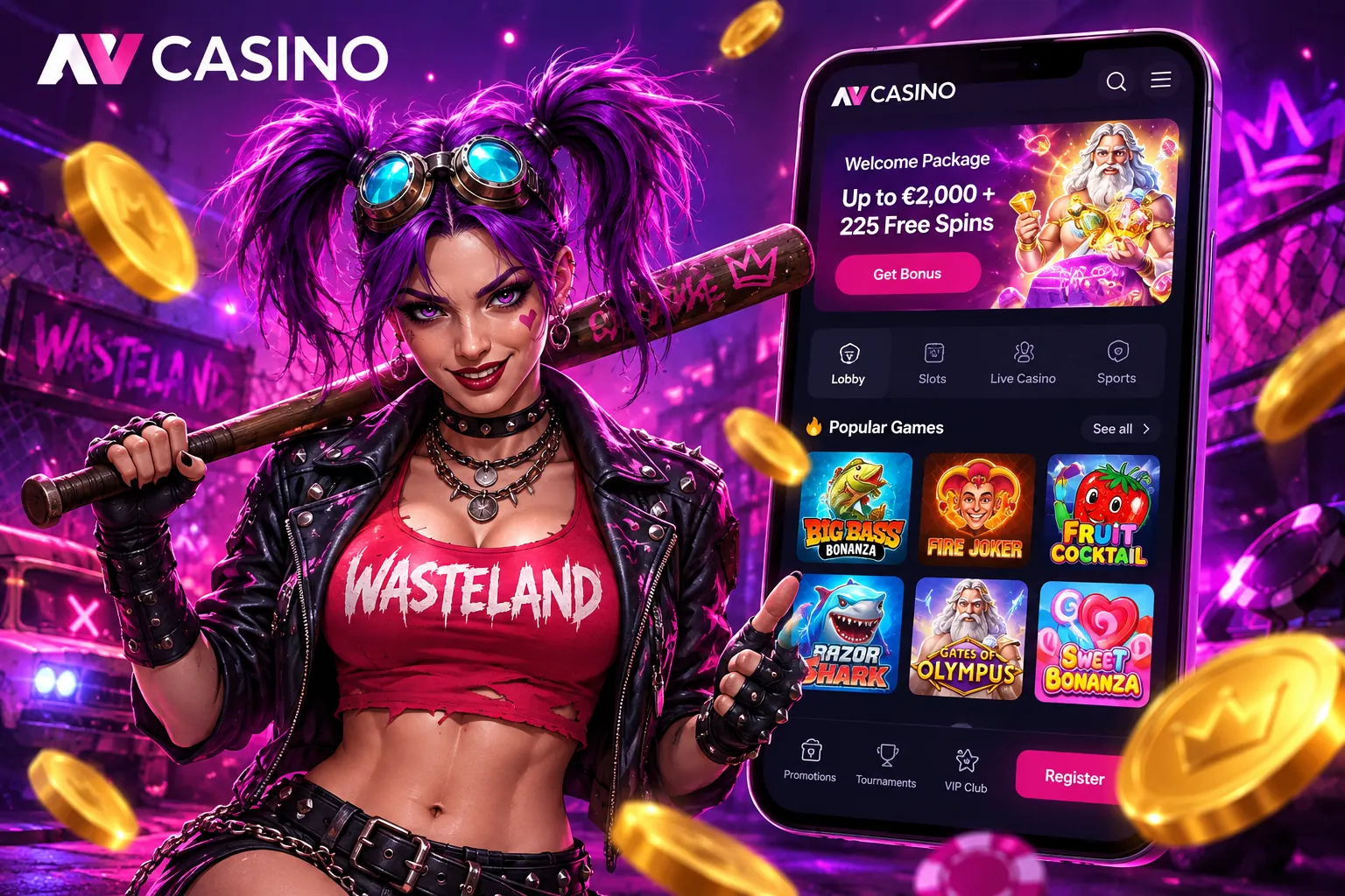 NV Casino mobile app on a smartphone with the welcome package, game categories and popular slots