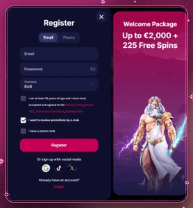 NV Casino registration form with email, password and currency fields